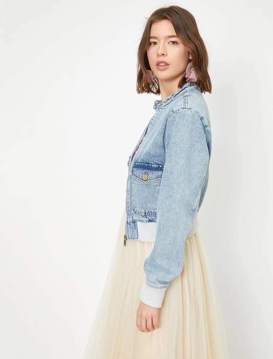 Cropped Utility Denim Jacket in Light Blue
