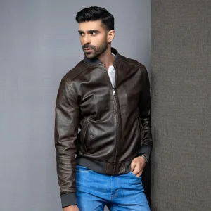 Dark Brown Bomber Leather Jacket - Kaptan