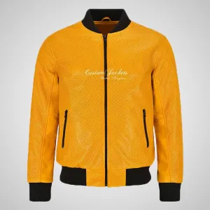 Dima Mens Leather Bomber Jacket Mustard Perforated Leather Jacket