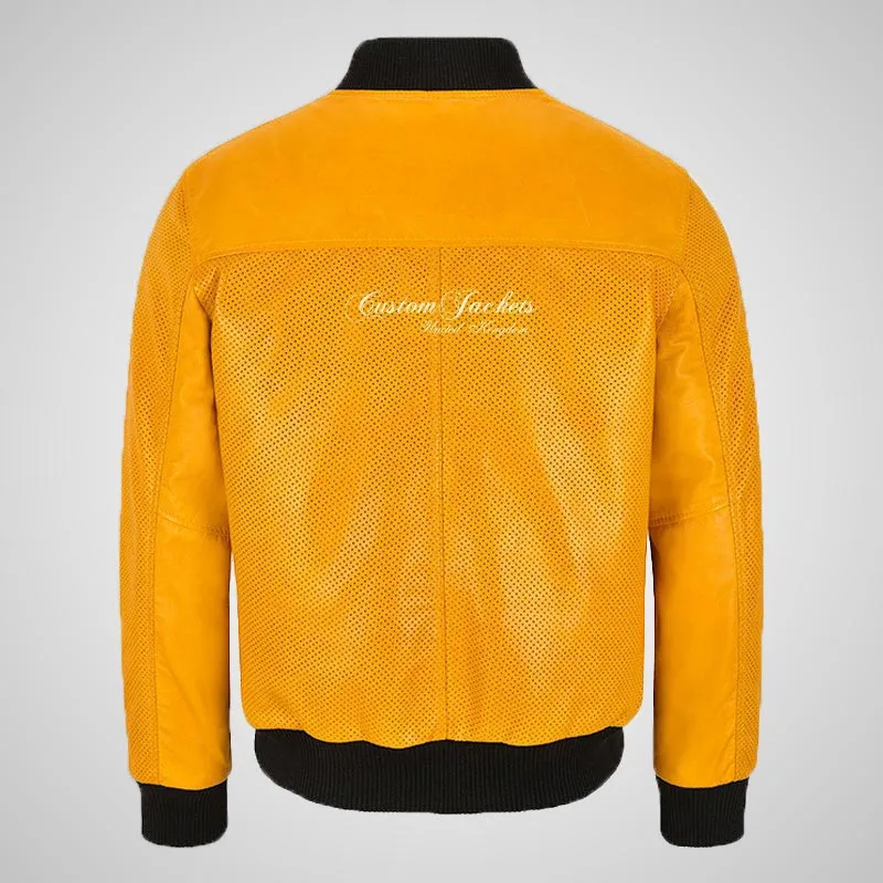 Dima Mens Leather Bomber Jacket Mustard Perforated Leather Jacket
