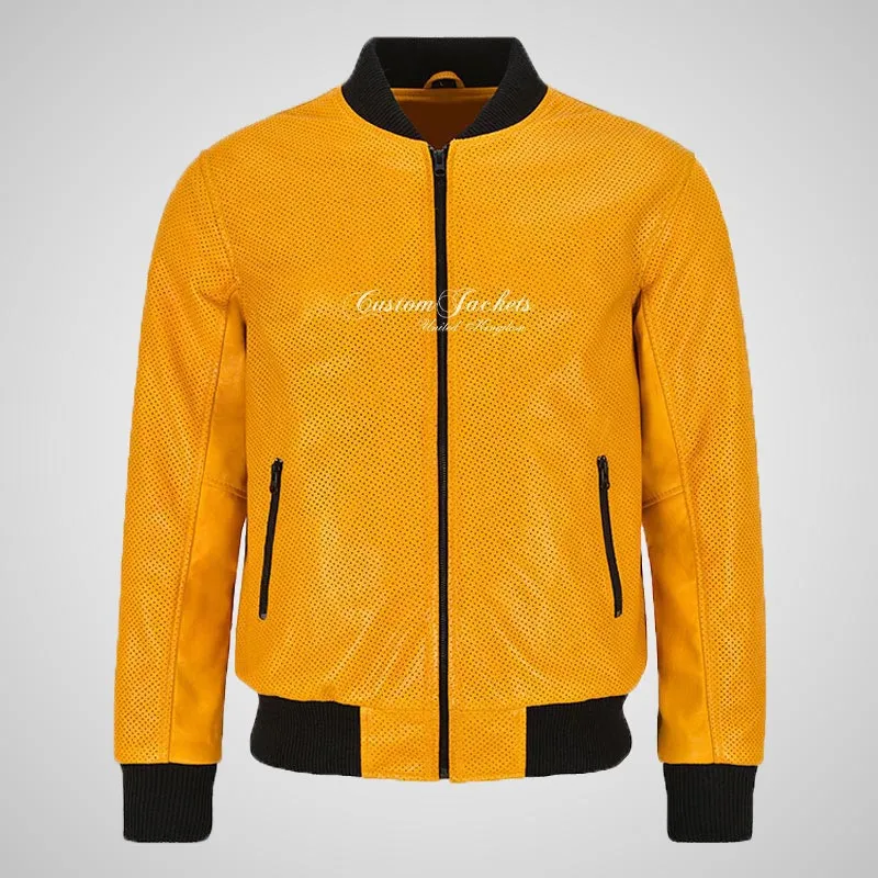 Dima Mens Leather Bomber Jacket Mustard Perforated Leather Jacket