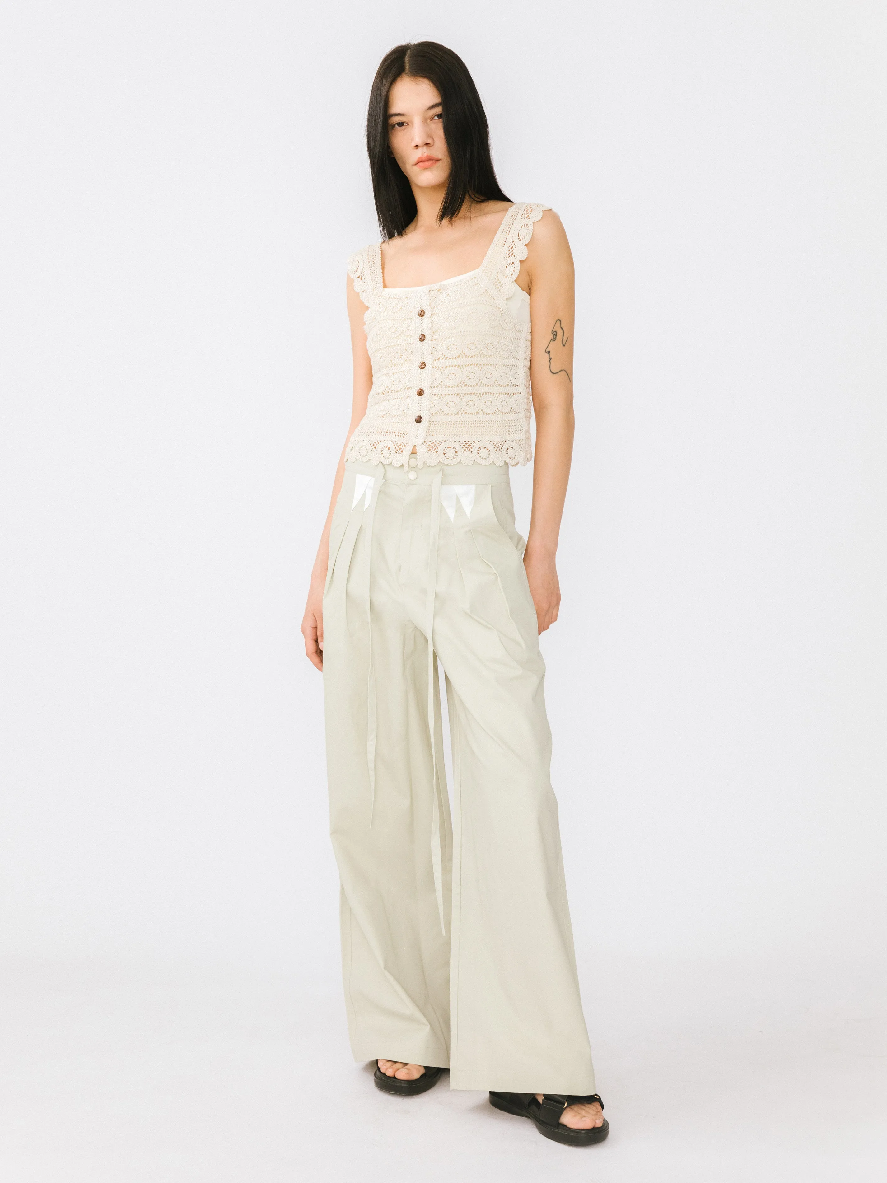 Drawstring Pleated Pure Cotton Wide Leg Trousers