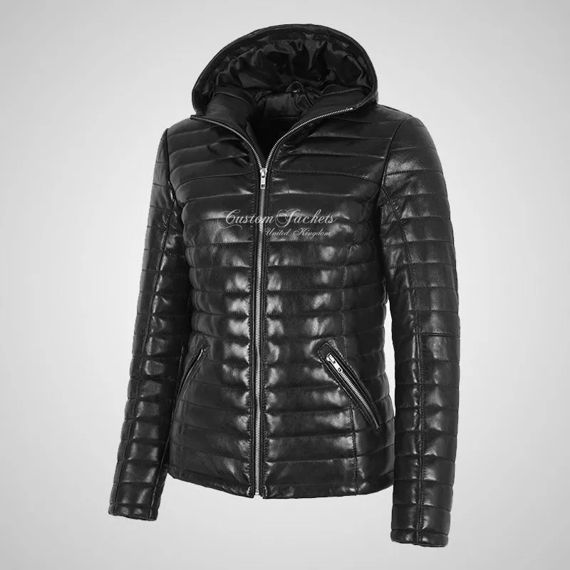 EUPHORIA Ladies Black Leather Puffer Padded Hooded Jacket
