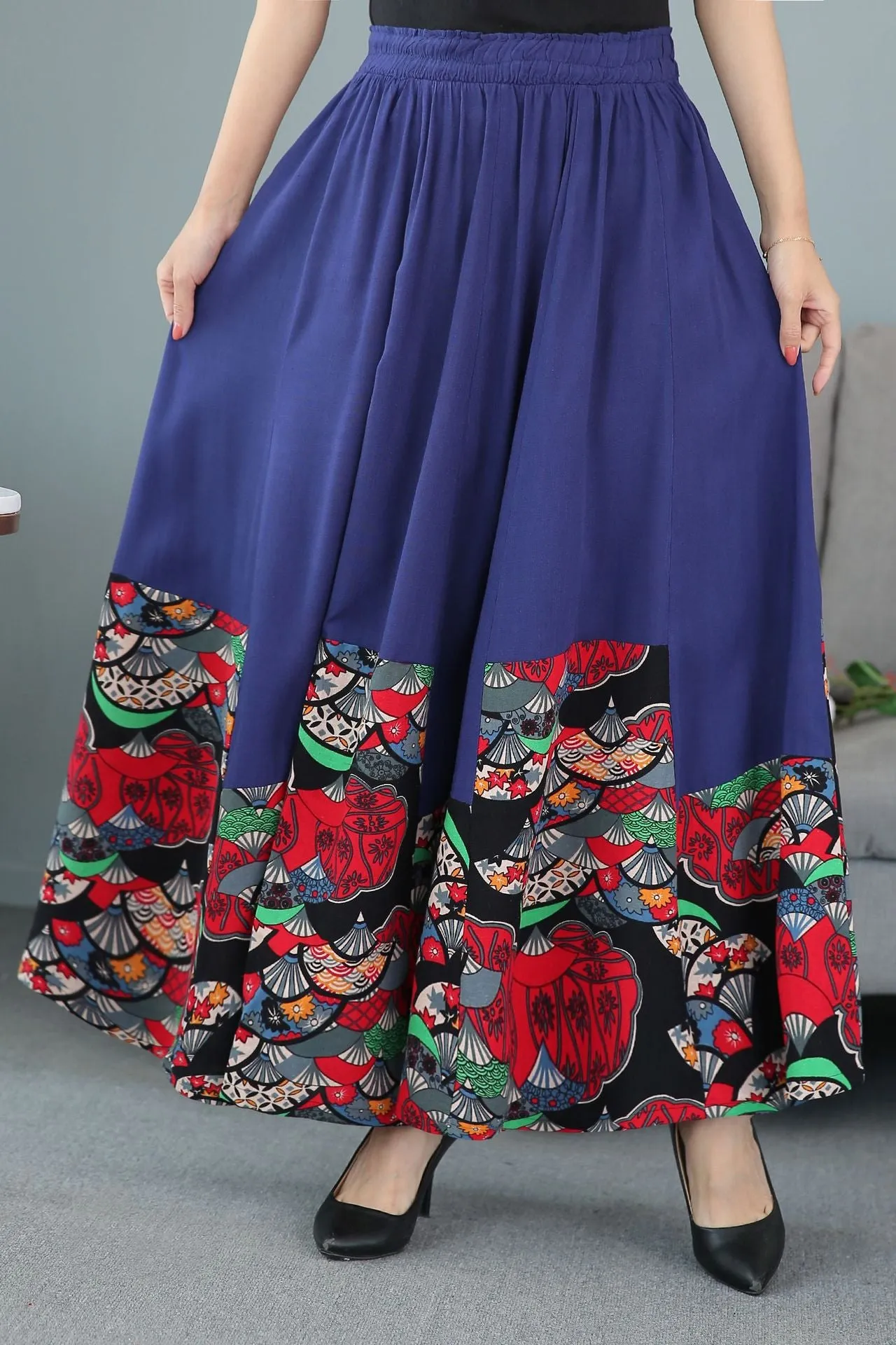 Fans Pattern Traditional Chinese Style Expansion Pleated Skirt