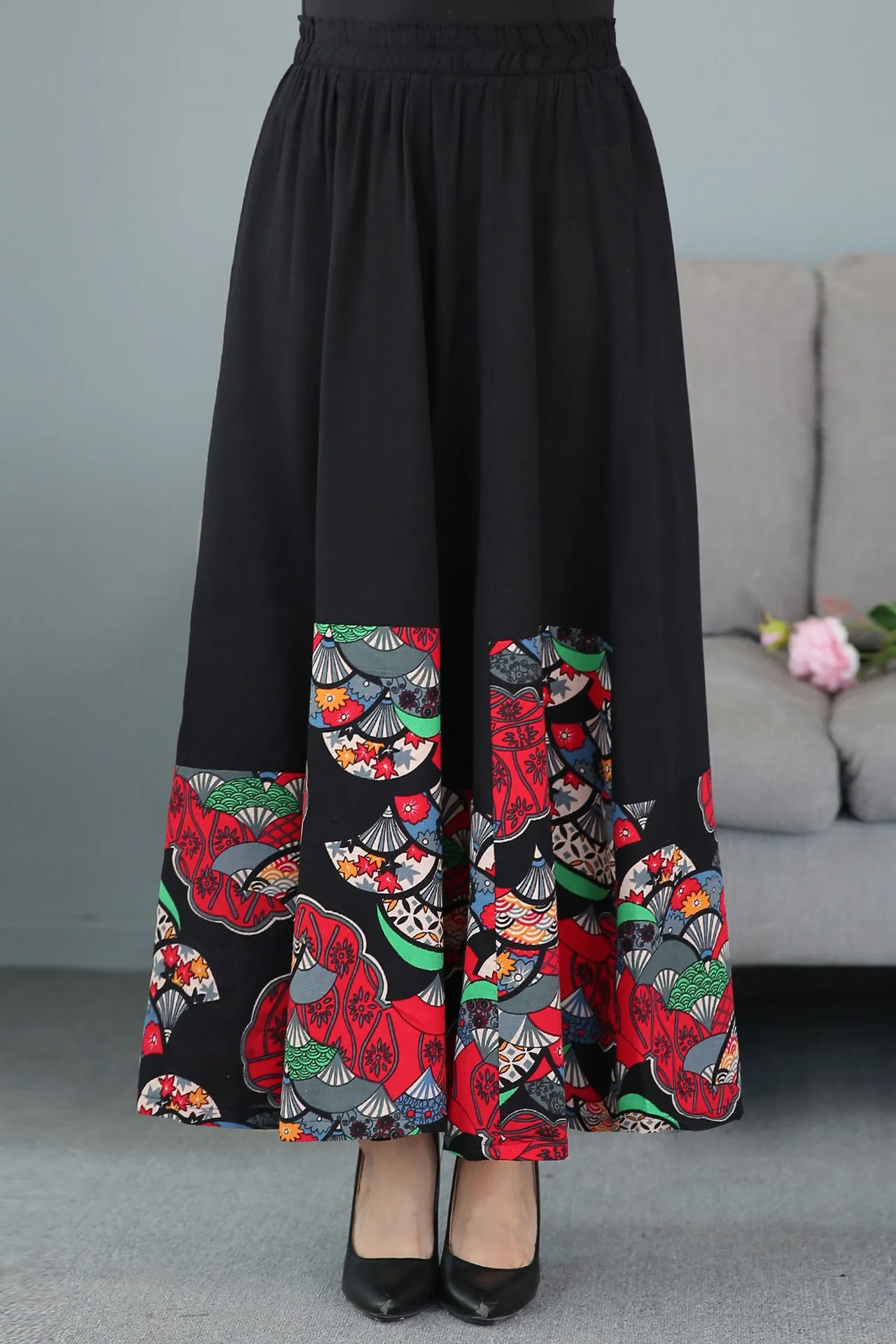 Fans Pattern Traditional Chinese Style Expansion Pleated Skirt