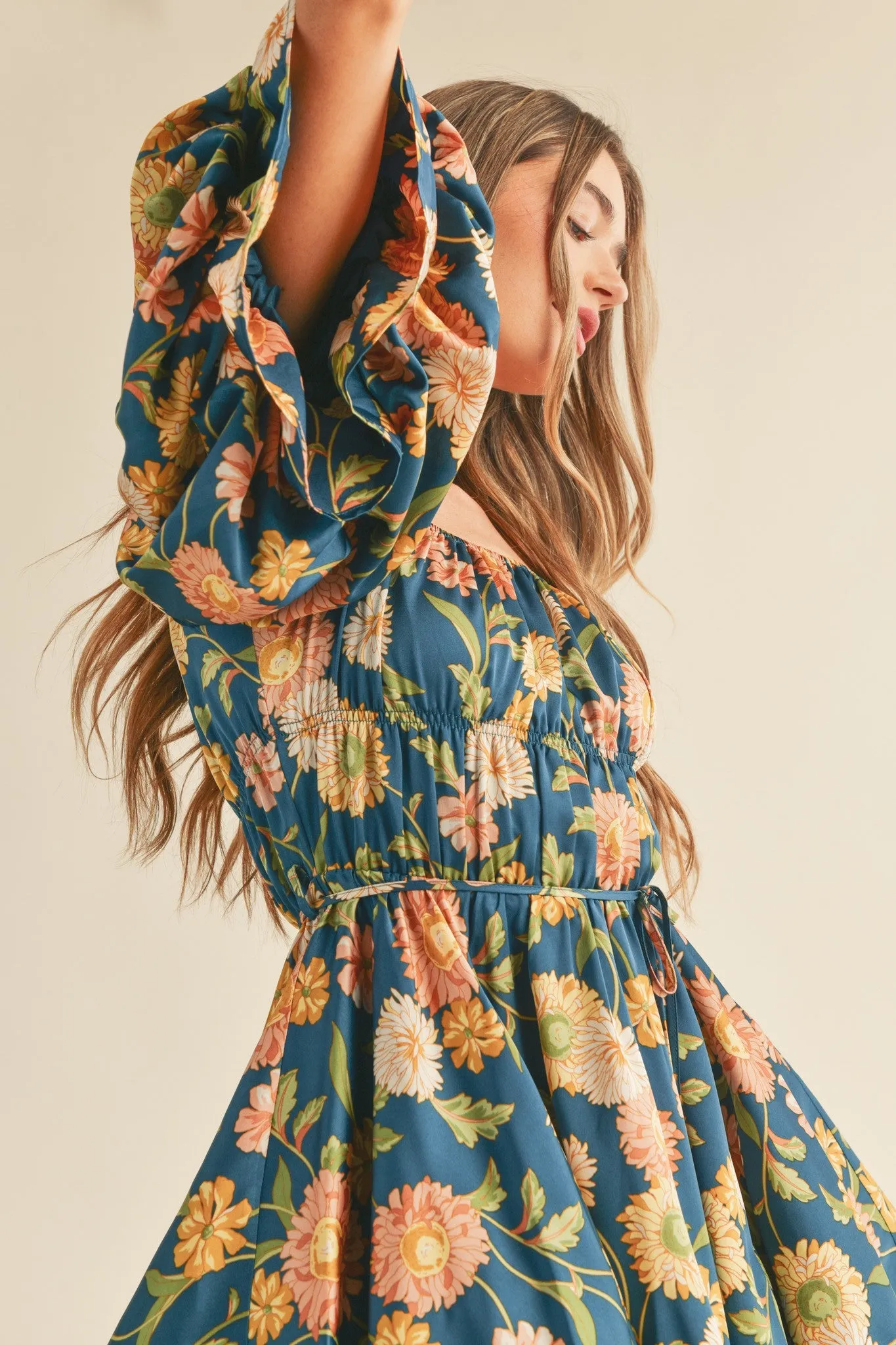 Faye Teal Floral Ruched Mini Dress