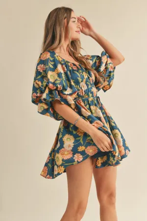 Faye Teal Floral Ruched Mini Dress