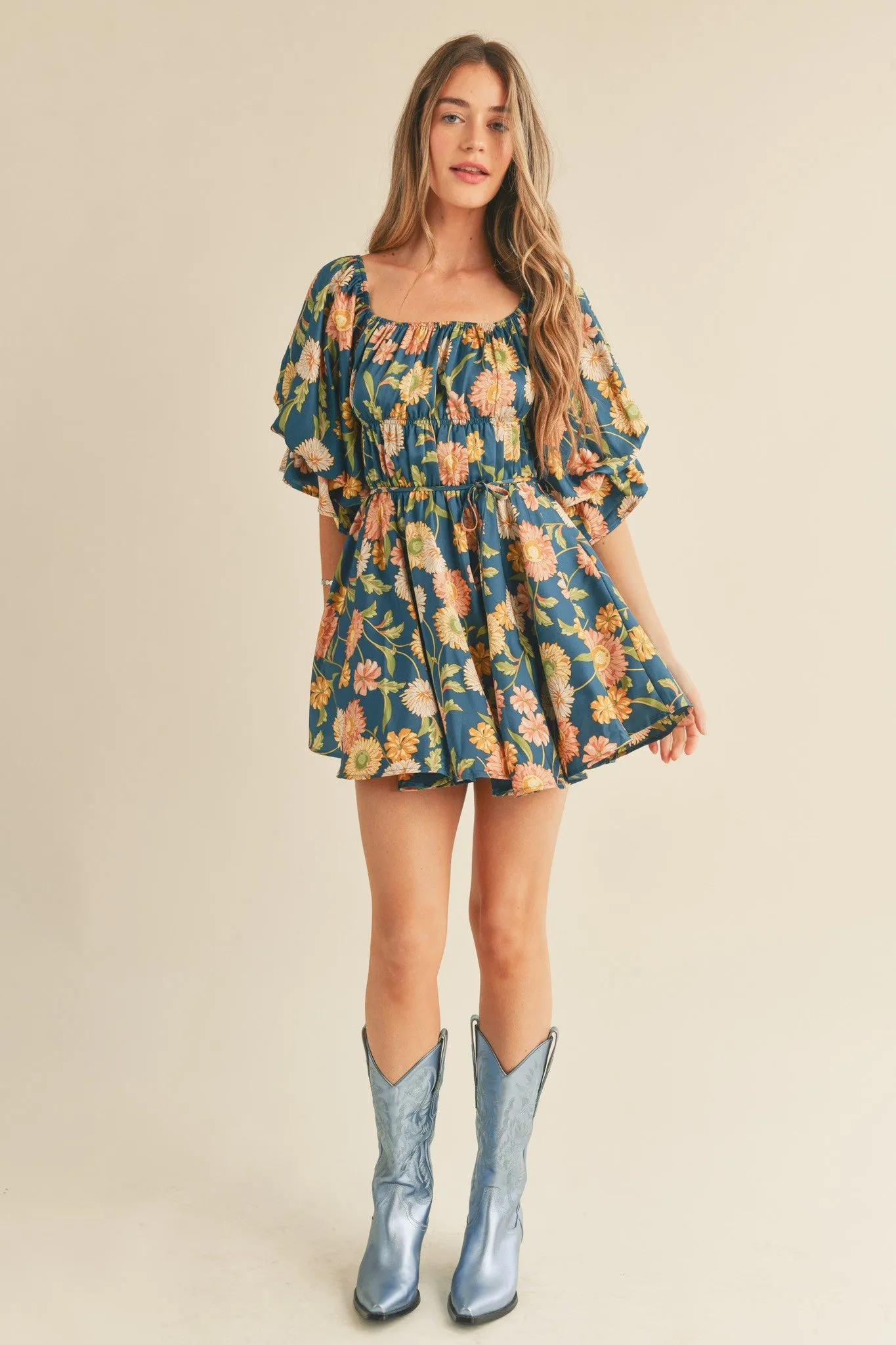 Faye Teal Floral Ruched Mini Dress