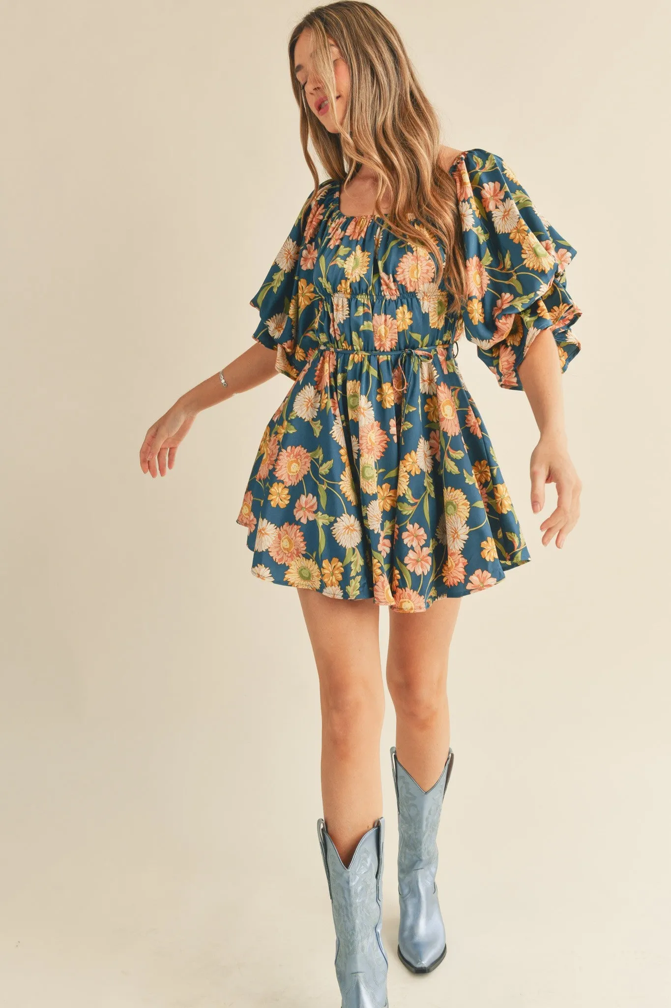 Faye Teal Floral Ruched Mini Dress