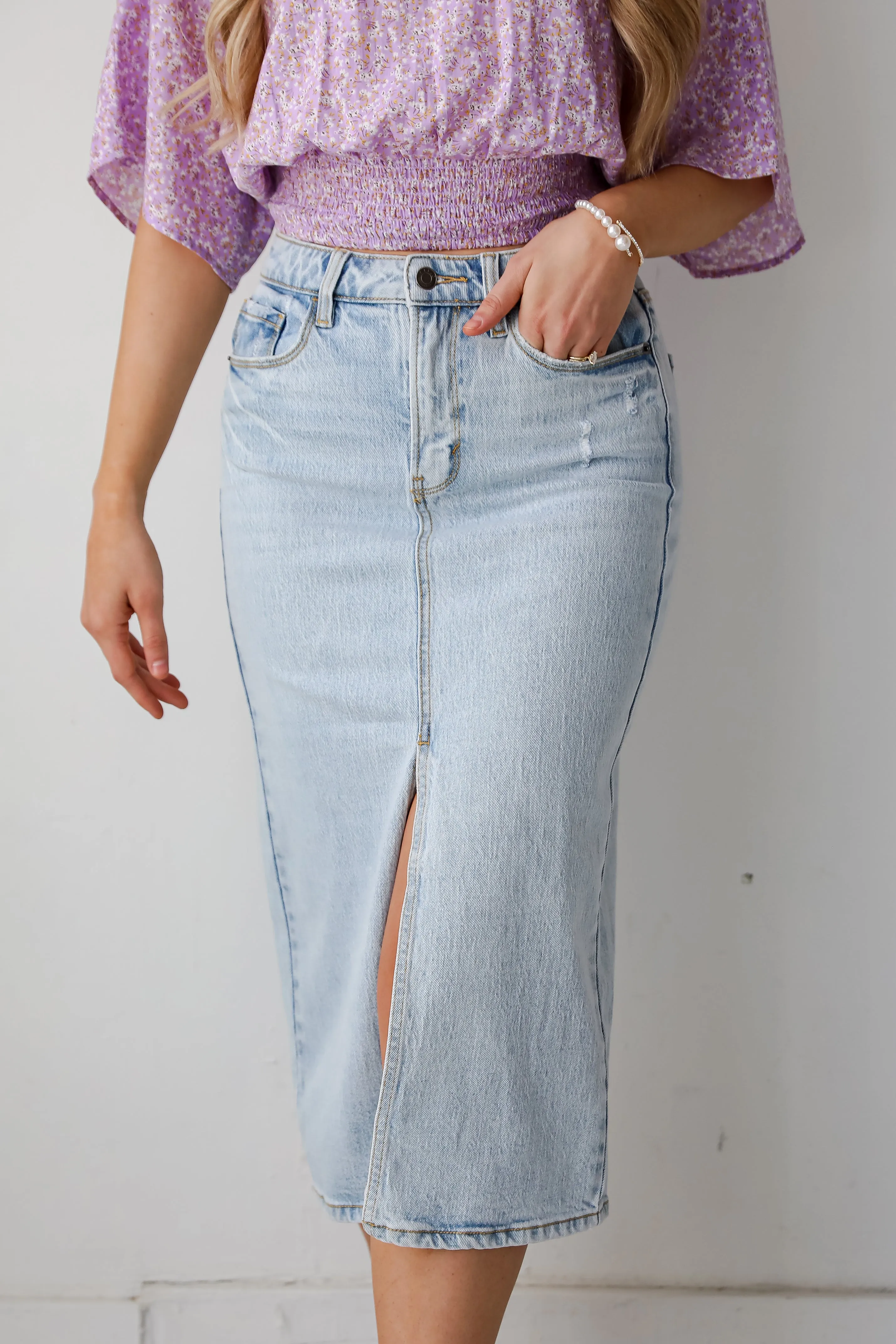 FINAL SALE - Darling Trend Light Wash Denim Midi Skirt