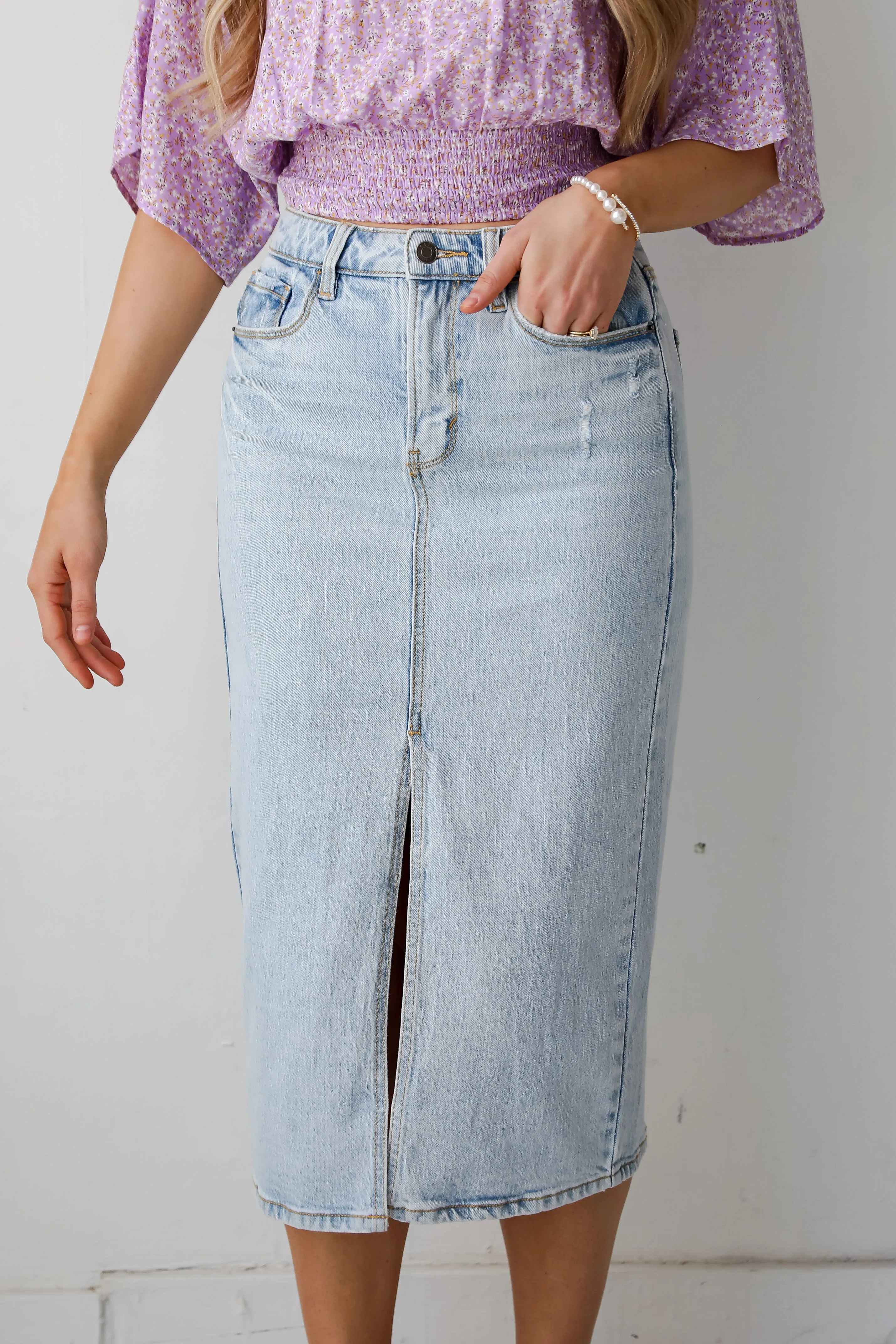 FINAL SALE - Darling Trend Light Wash Denim Midi Skirt