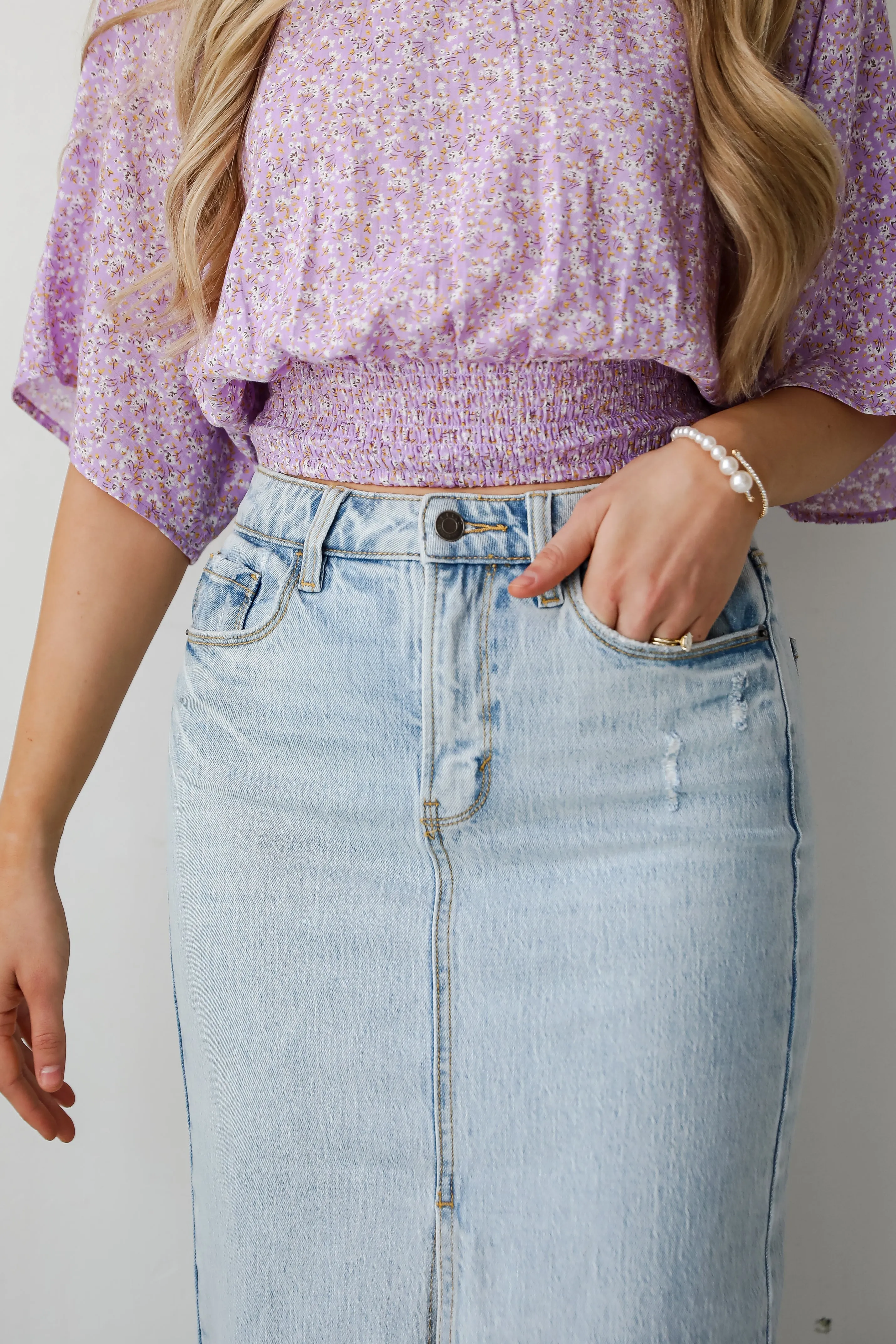 FINAL SALE - Darling Trend Light Wash Denim Midi Skirt