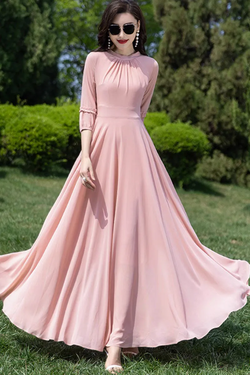 Fit and flare pink chiffon dress women 4458