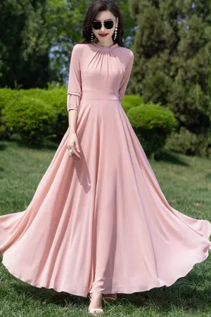 Fit and flare pink chiffon dress women 4458
