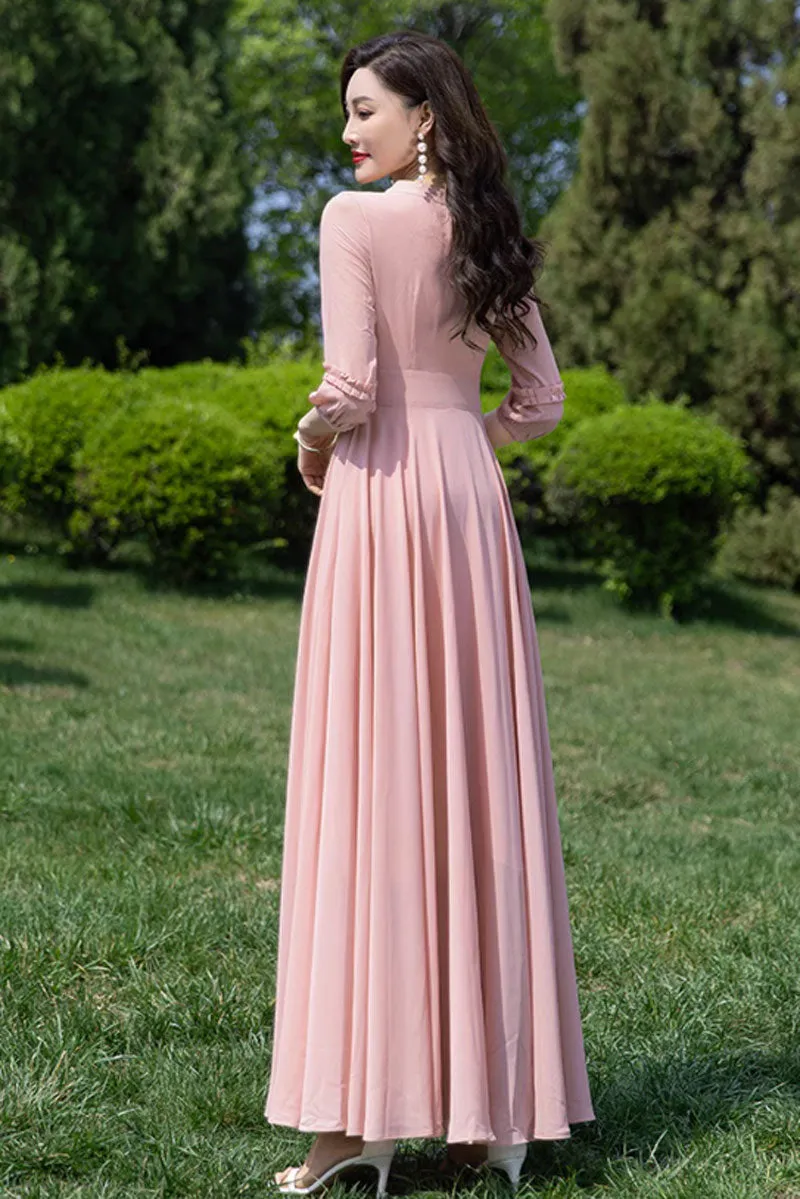 Fit and flare pink chiffon dress women 4458