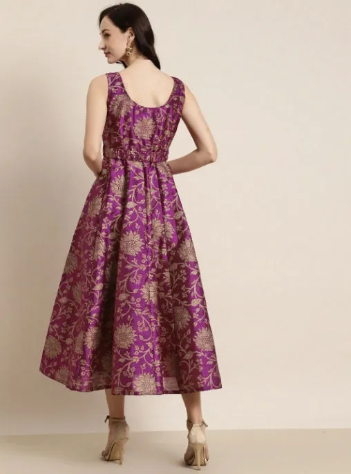 Floral Jacquard Self-Belt Maxi Dress