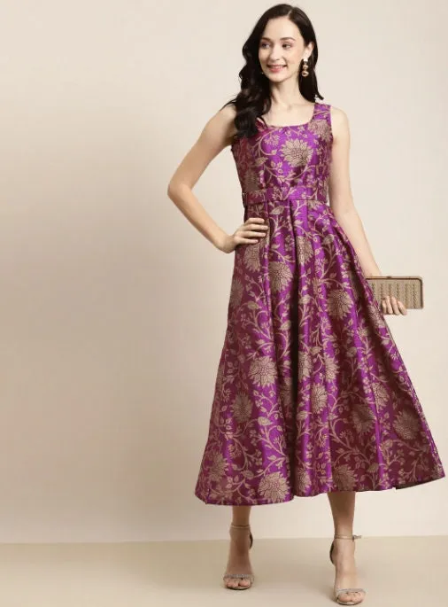 Floral Jacquard Self-Belt Maxi Dress