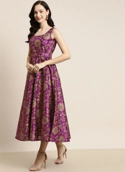 Floral Jacquard Self-Belt Maxi Dress