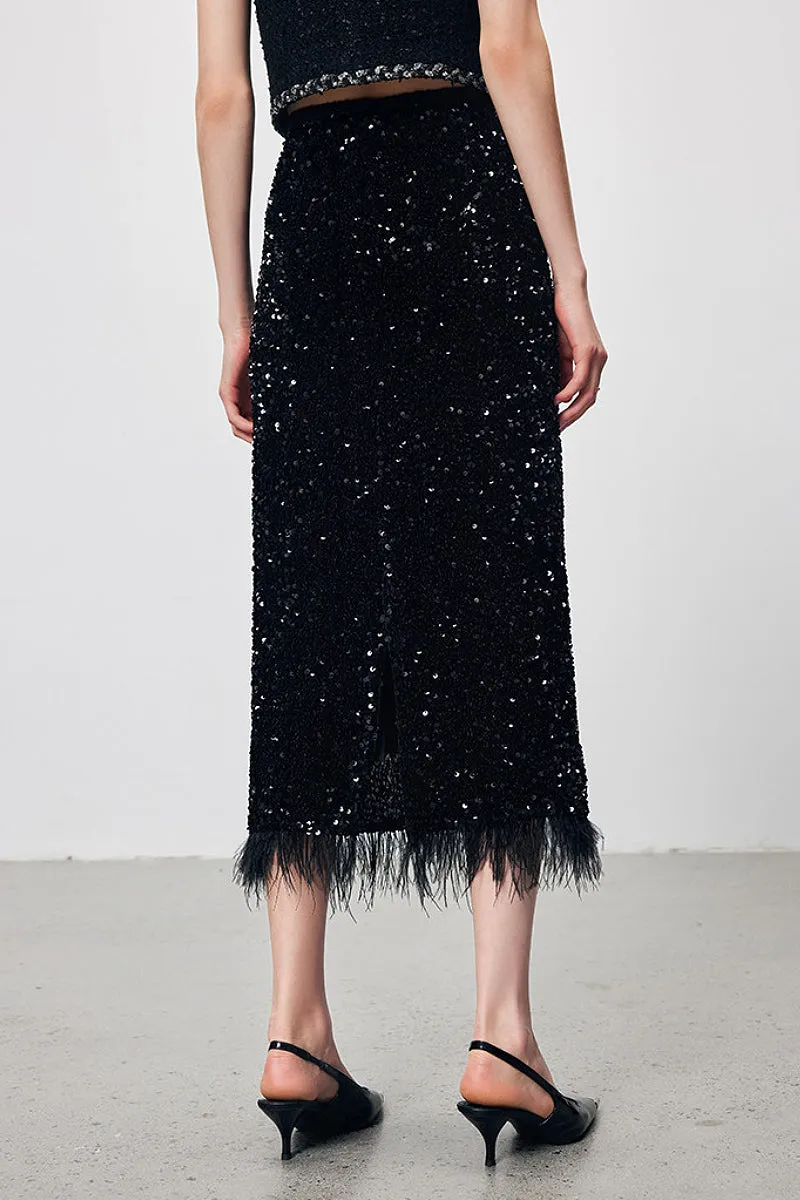 Fringed Sequin Midi Skirt in Black