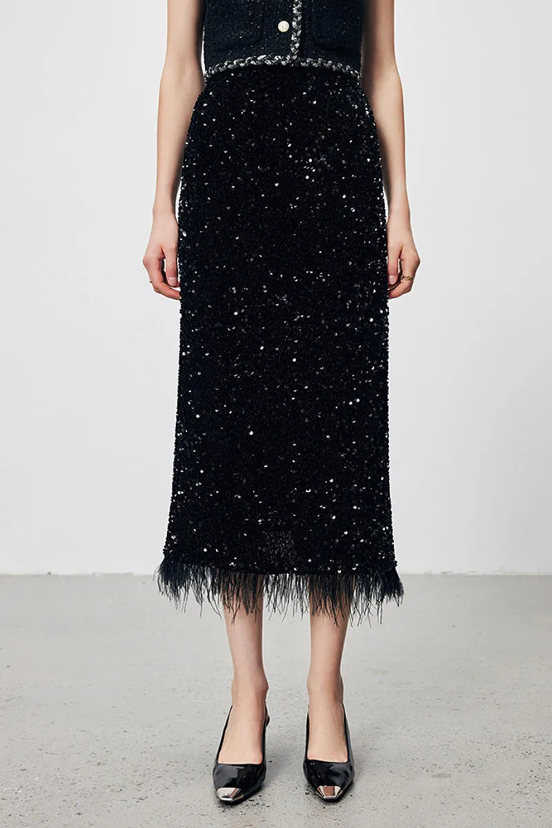 Fringed Sequin Midi Skirt in Black