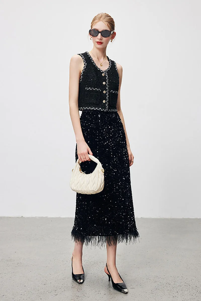 Fringed Sequin Midi Skirt in Black