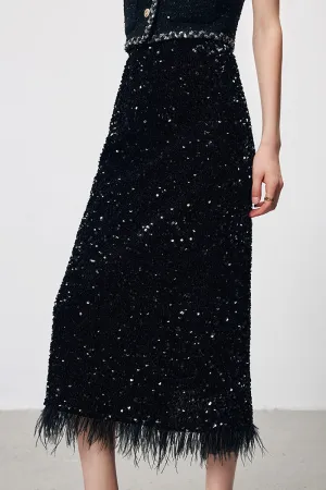 Fringed Sequin Midi Skirt in Black