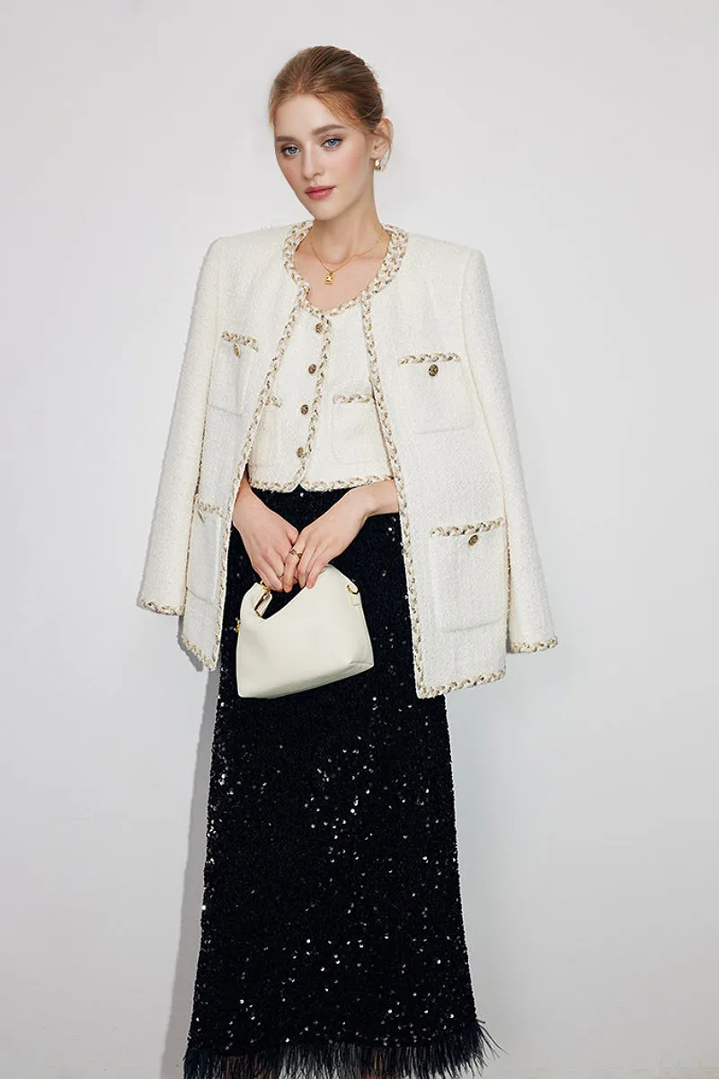Fringed Sequin Midi Skirt in Black