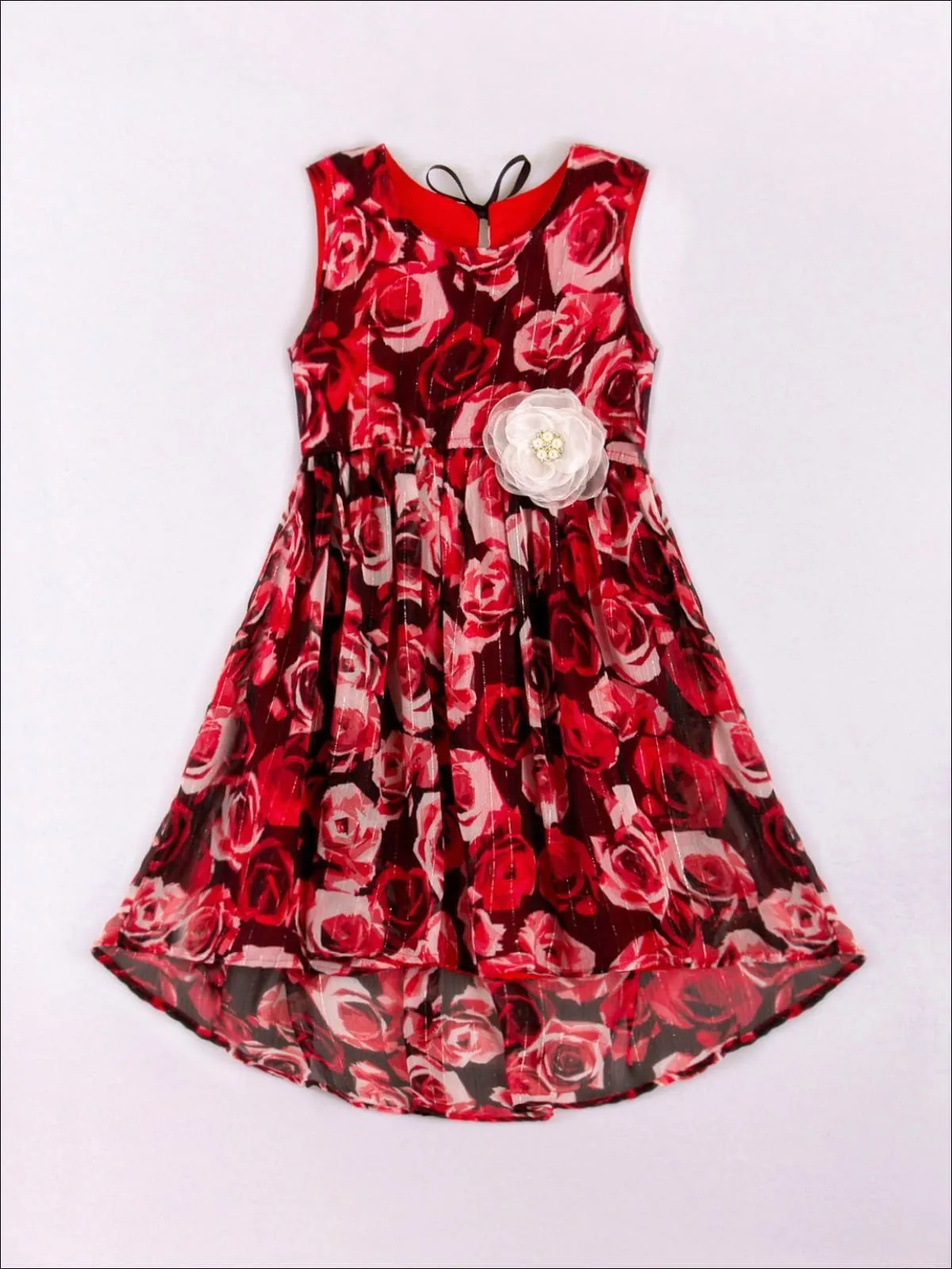 Girls Red Floral Sleeveless Hi Low Dress