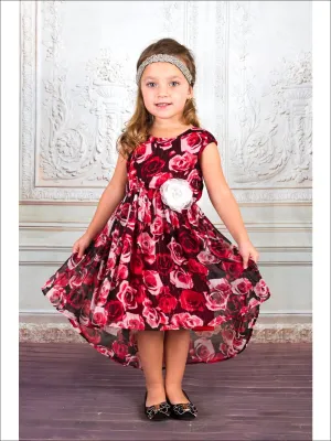 Girls Red Floral Sleeveless Hi Low Dress
