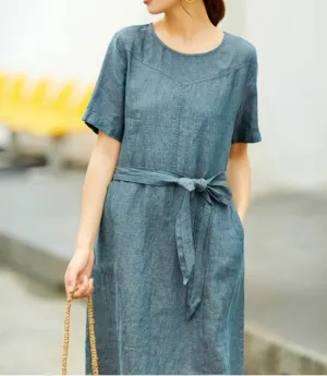 Gray Women Dresses Casual Summer Buttons Linen Shirts Women Dresses SSM97215