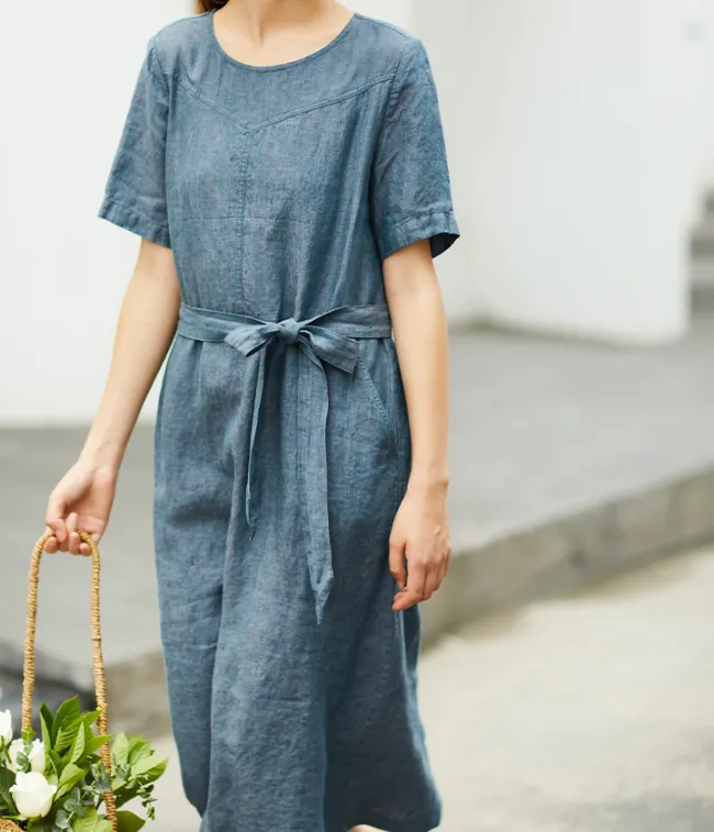 Gray Women Dresses Casual Summer Buttons Linen Shirts Women Dresses SSM97215