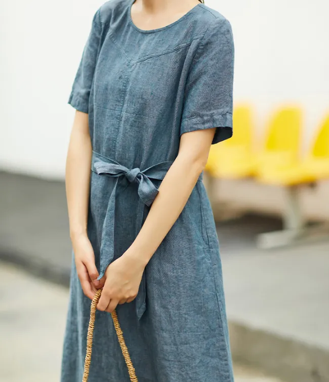 Gray Women Dresses Casual Summer Buttons Linen Shirts Women Dresses SSM97215