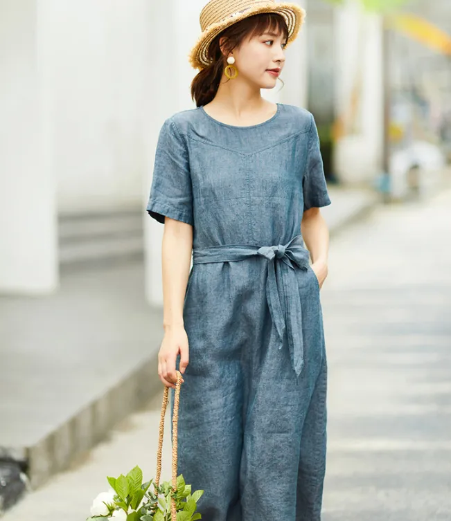 Gray Women Dresses Casual Summer Buttons Linen Shirts Women Dresses SSM97215