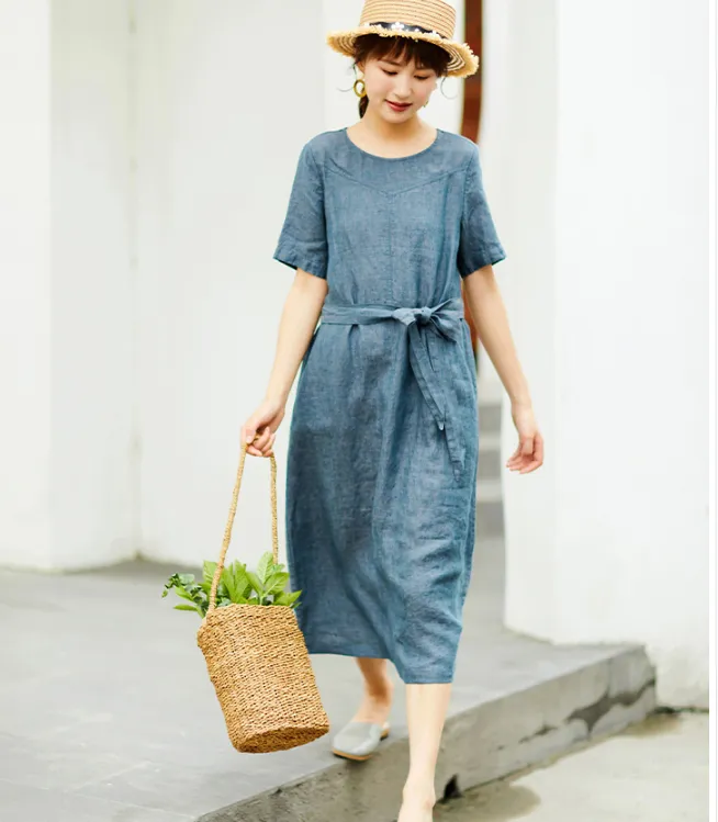 Gray Women Dresses Casual Summer Buttons Linen Shirts Women Dresses SSM97215