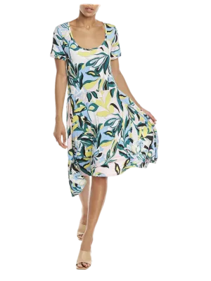 Green/Pink/Blue Swirl Floral Printed Jersey Fit and Flare Dress