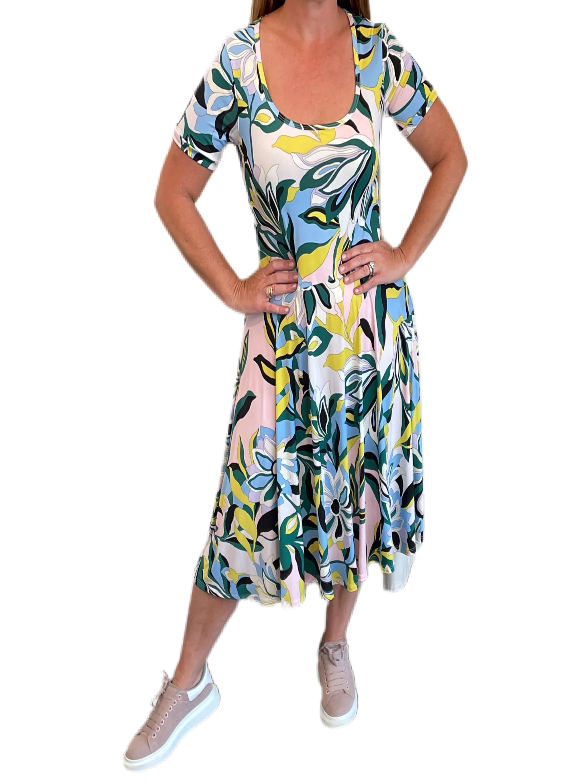 Green/Pink/Blue Swirl Floral Printed Jersey Fit and Flare Dress