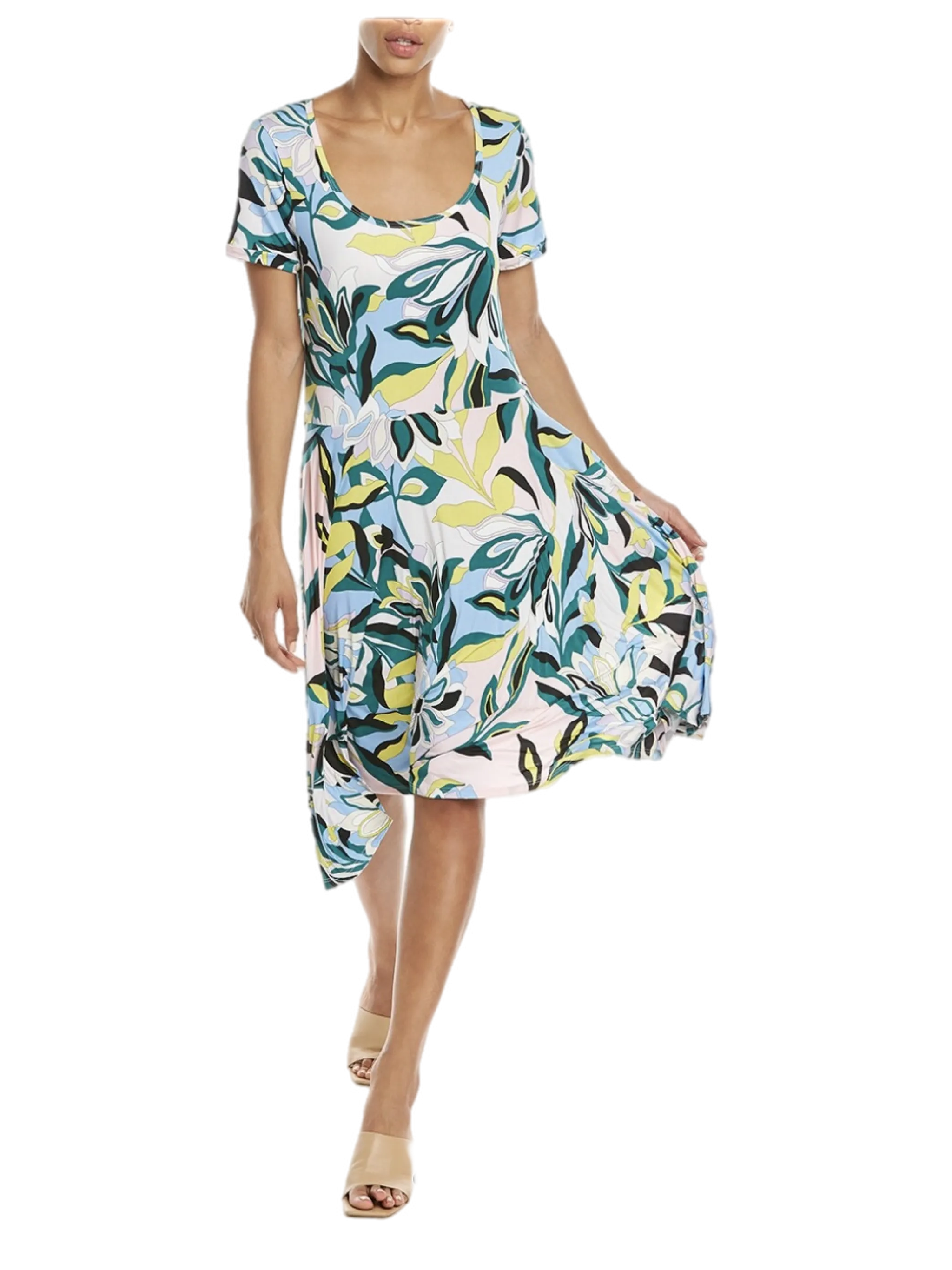 Green/Pink/Blue Swirl Floral Printed Jersey Fit and Flare Dress