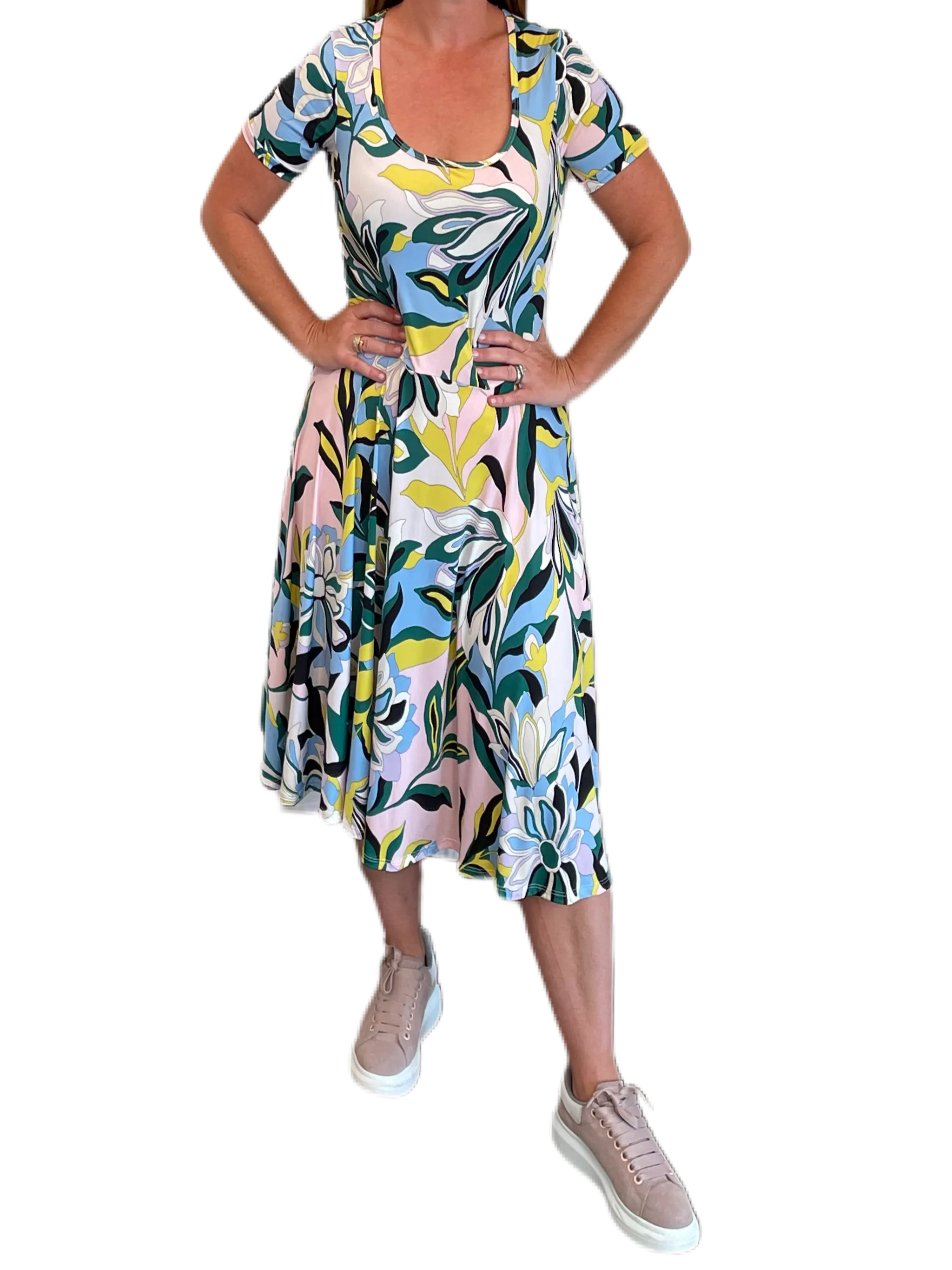 Green/Pink/Blue Swirl Floral Printed Jersey Fit and Flare Dress