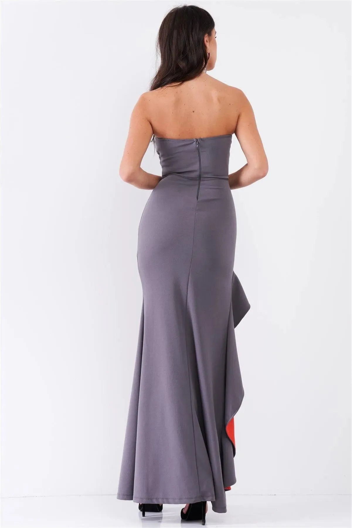 Grey Coral Sleeveless Plunging Sweetheart Neckline Ruffle Trim Front Slit Detail Fitted Maxi Dress /1-1-1