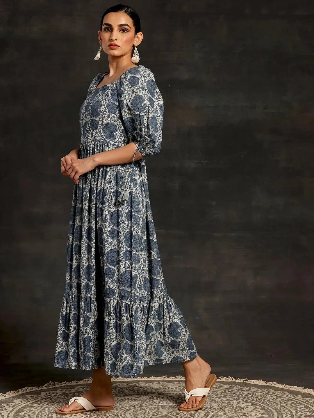 Grey Printed Cotton Fit and Flare Dress