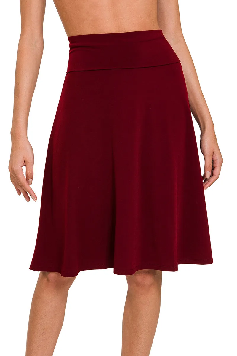 High Waist Fold Over A-Line Flared Midi Swing Skirt