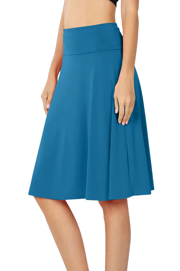 High Waist Fold Over A-Line Flared Midi Swing Skirt