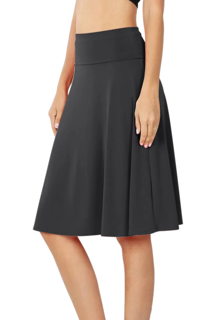 High Waist Fold Over A-Line Flared Midi Swing Skirt