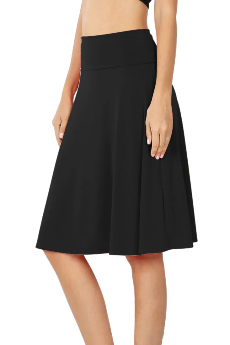 High Waist Fold Over A-Line Flared Midi Swing Skirt