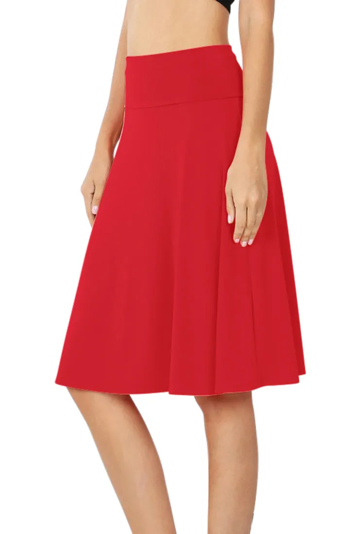 High Waist Fold Over A-Line Flared Midi Swing Skirt