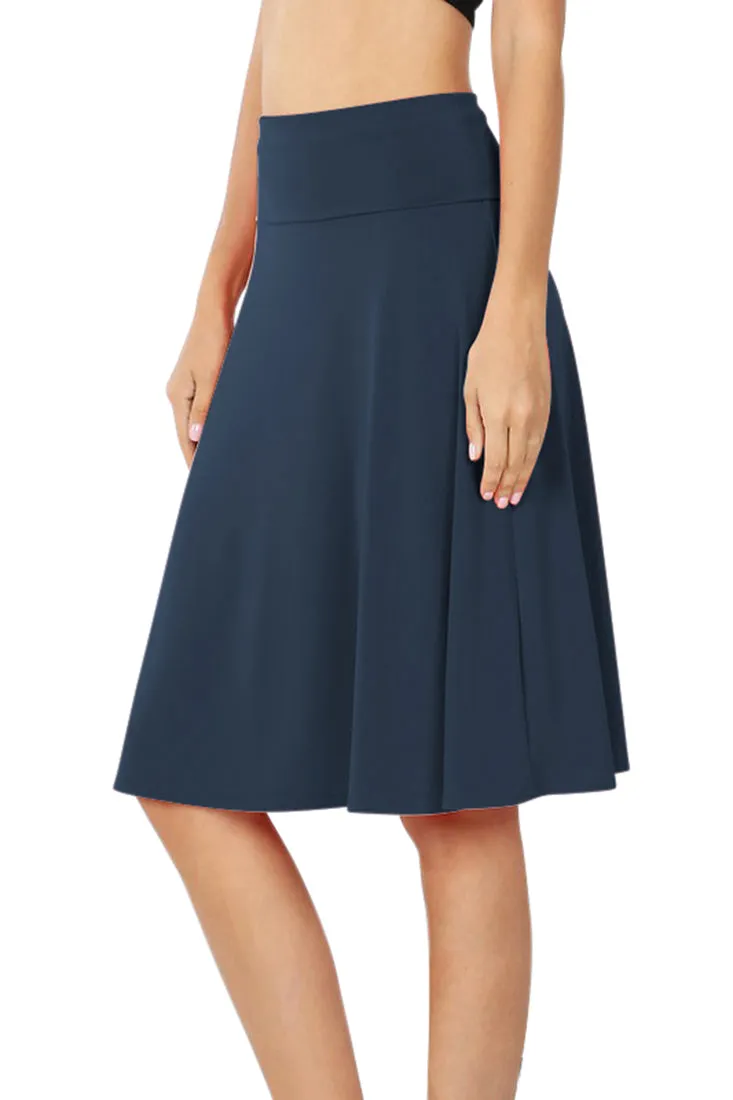 High Waist Fold Over A-Line Flared Midi Swing Skirt