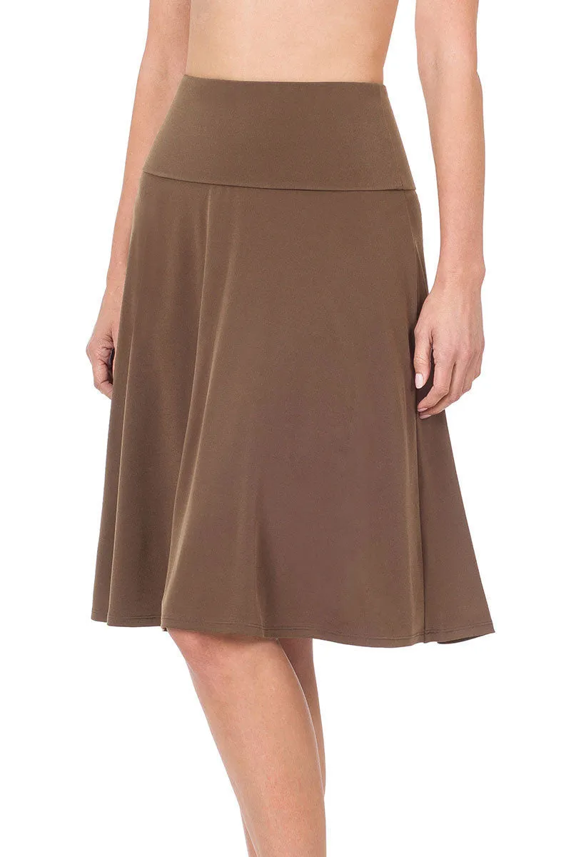High Waist Fold Over A-Line Flared Midi Swing Skirt