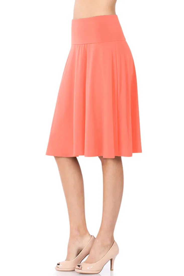 High Waist Fold Over A-Line Flared Midi Swing Skirt