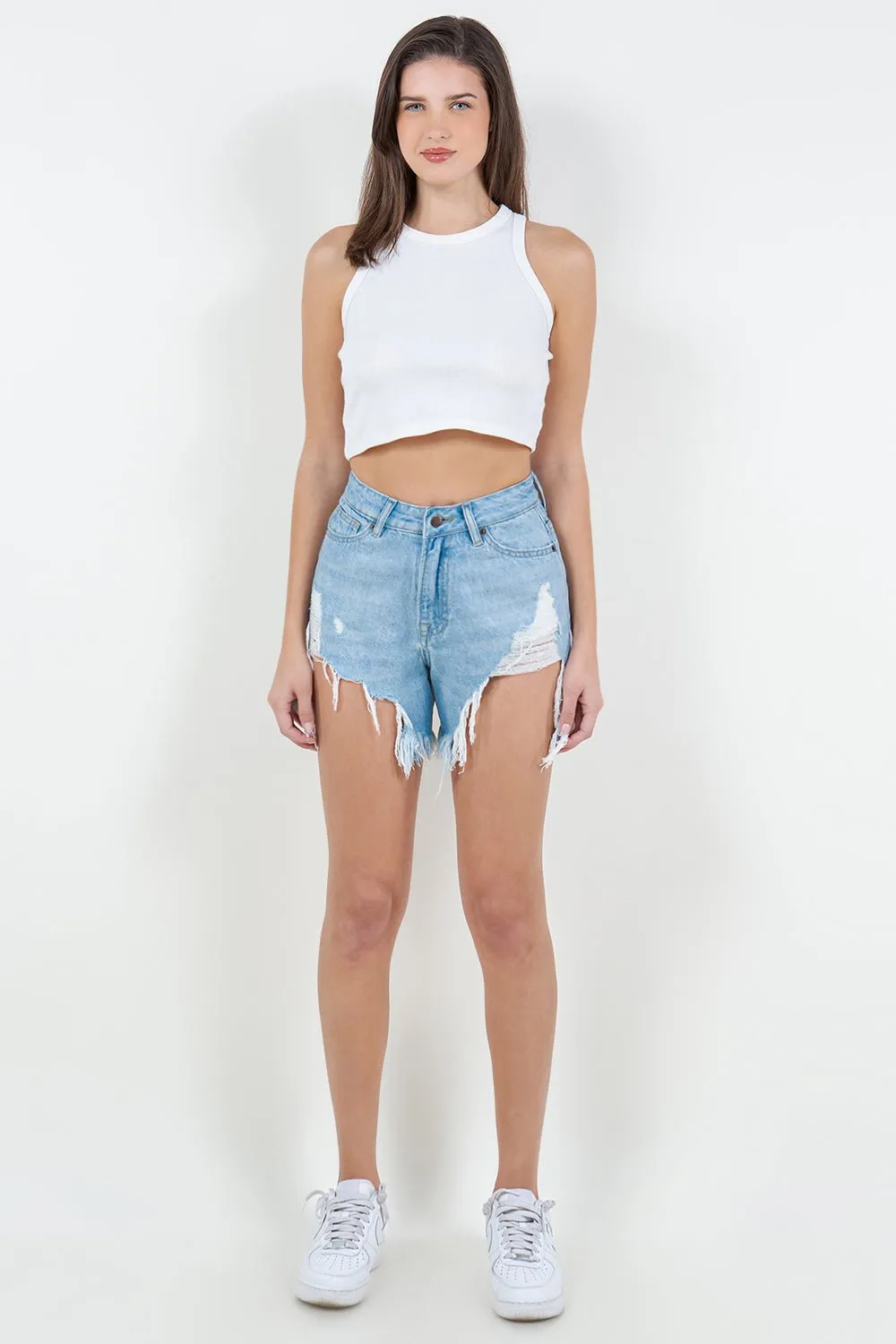 High Waist Fringed Hem Denim Shorts