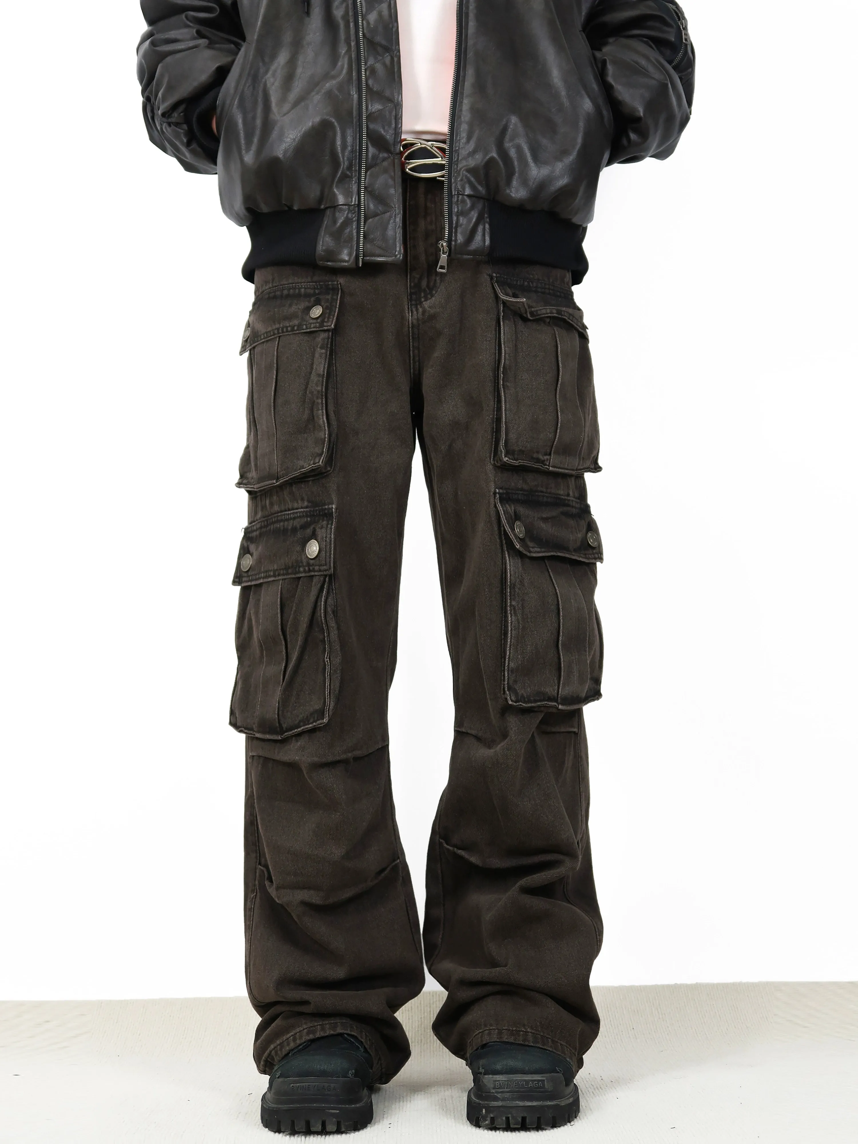 High-Waisted Cargo Pocketed Denim Jeans
